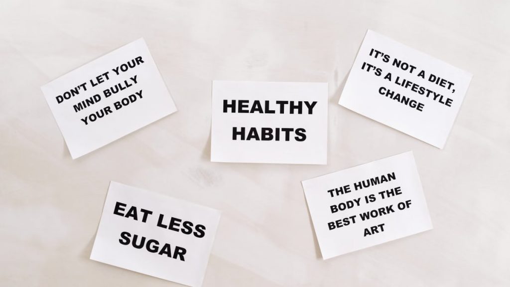 Collection of motivational cards promoting healthy habits and lifestyle on a minimalistic white background.